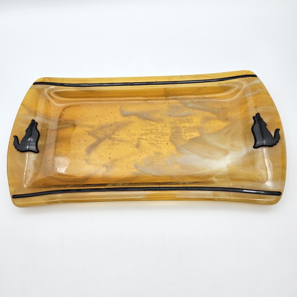 Southwest Coyote Fused Art Slag Glass Platter Dish Brown Black Handmade 14.5"